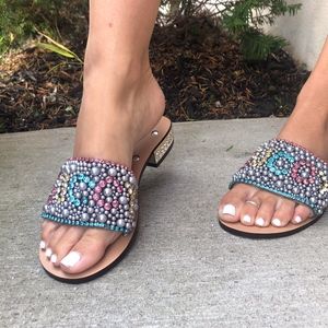 Lupe "Guccy" Jeweled Leather Slide